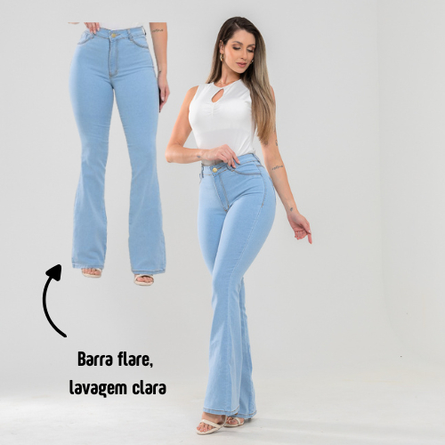 Calça Flare Clara Cintura alta com lycra modela bumbum Moda Blogueira em Oferta na Shopee