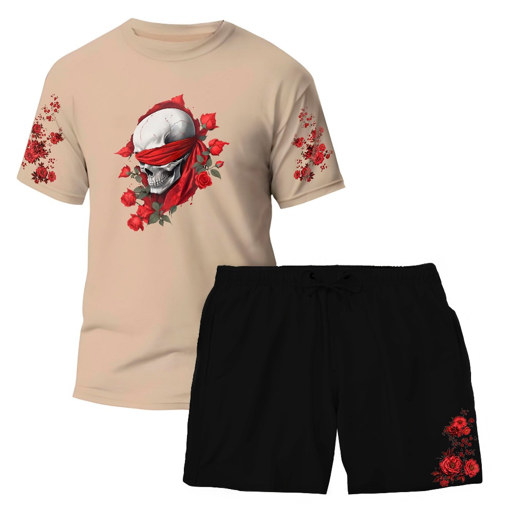 Kit Masculino DIVERSE ESTILOS Skull Flower – Camiseta + Bermuda Ideal para Corrida, Academia, Futebol