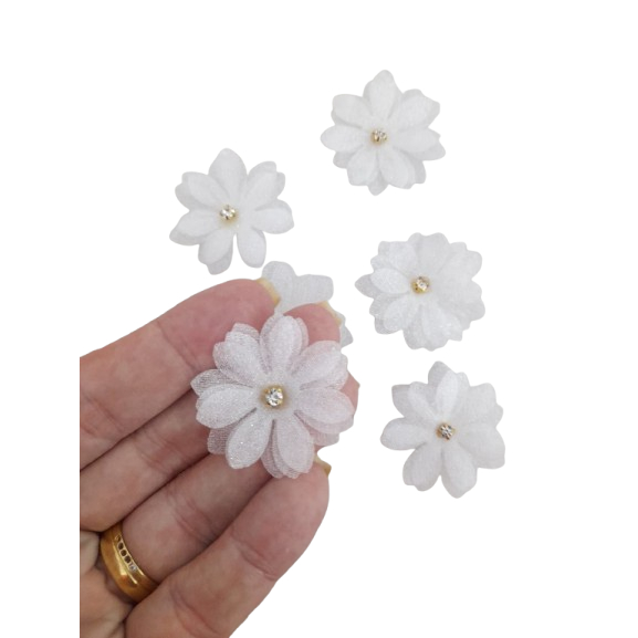 Aplique Flor de Organza c/ Strass para aplicação em vestidos laços acessorios pct c/ 50 unidades