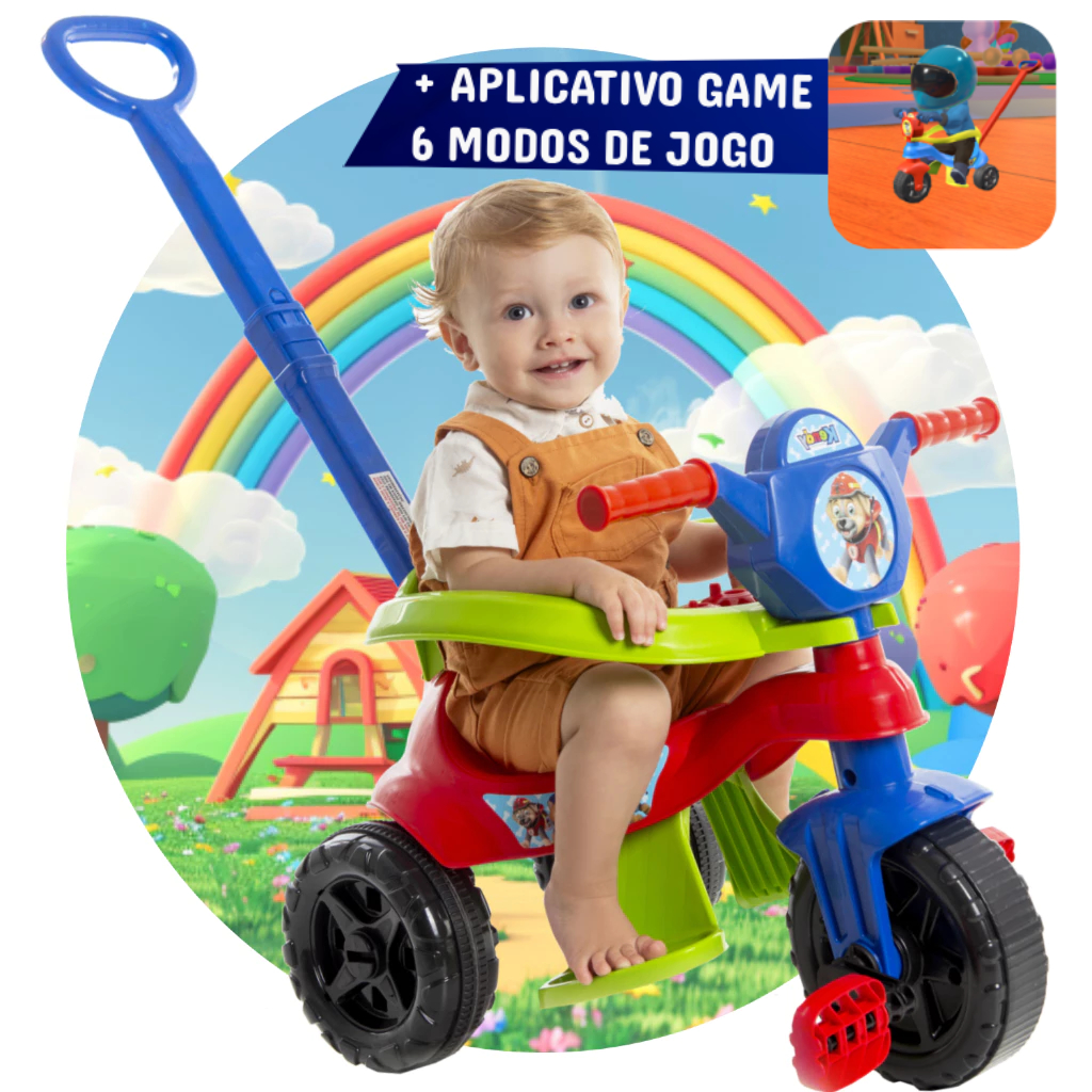 Triciclo Menino  + Game Aplicativo 3D - 2025 Completo De 1 a 3 Anos C/ Protetor, Pedal, Empurrador