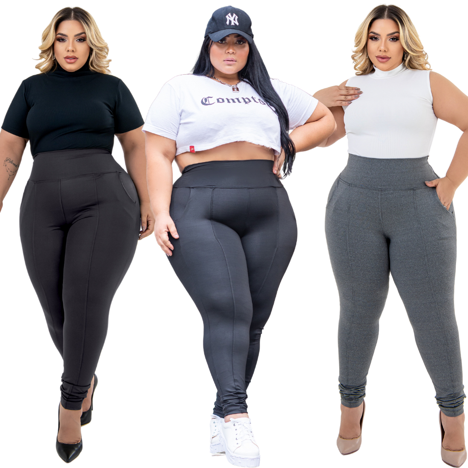 Kit 3 Calças Legging Feminina Cós Alto Leg Tecido Grosso Efeito Lipo Com Bolso Do P ao G4