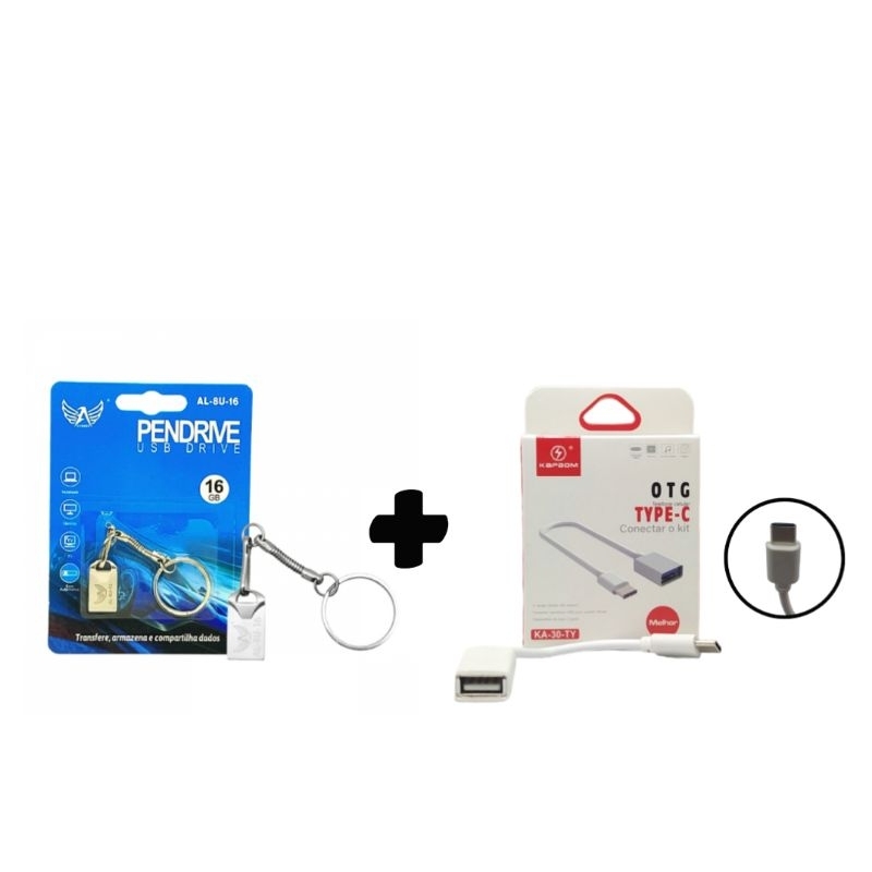 kit pen drive 128/64GB metálico 1 cabo adaptador transferência de dados OTG  plug USB/tipo C /v8