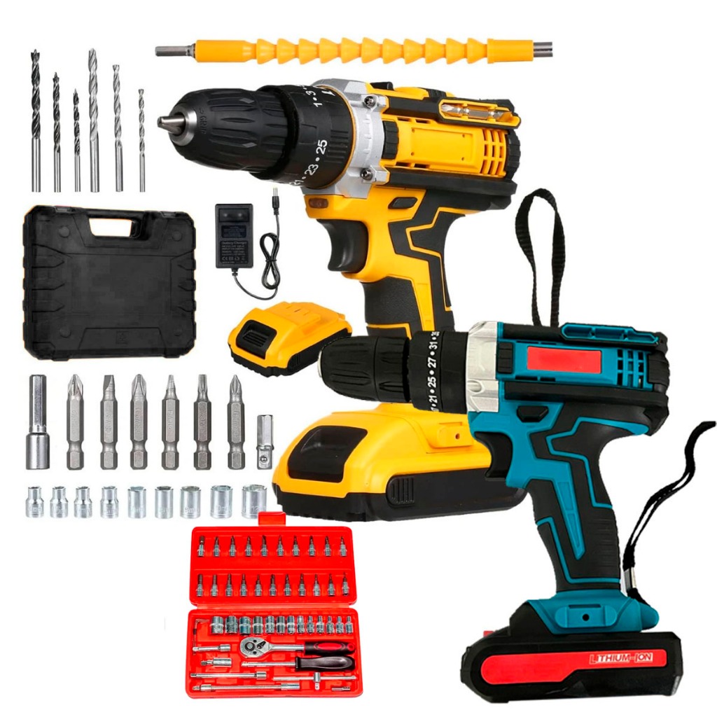 Parafusadeira Furadeira 12V/18V/21V/26V/36/48V Bivolt 2 Baterias + Kit 46 jogo de Chaves