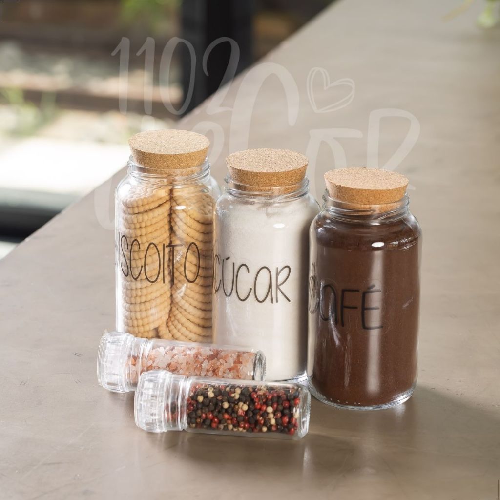 Kit Cozinha Completa - 3 Potes Cantinho do Café 810ml + 2 Moedores Sal Grosso | Pimenta em Grãos | Temperos