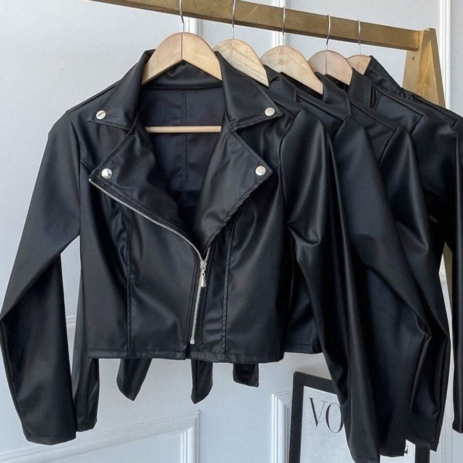 Jaqueta Couro Feminina Preto Moda Inverno Com Zíper Casaco Tendência