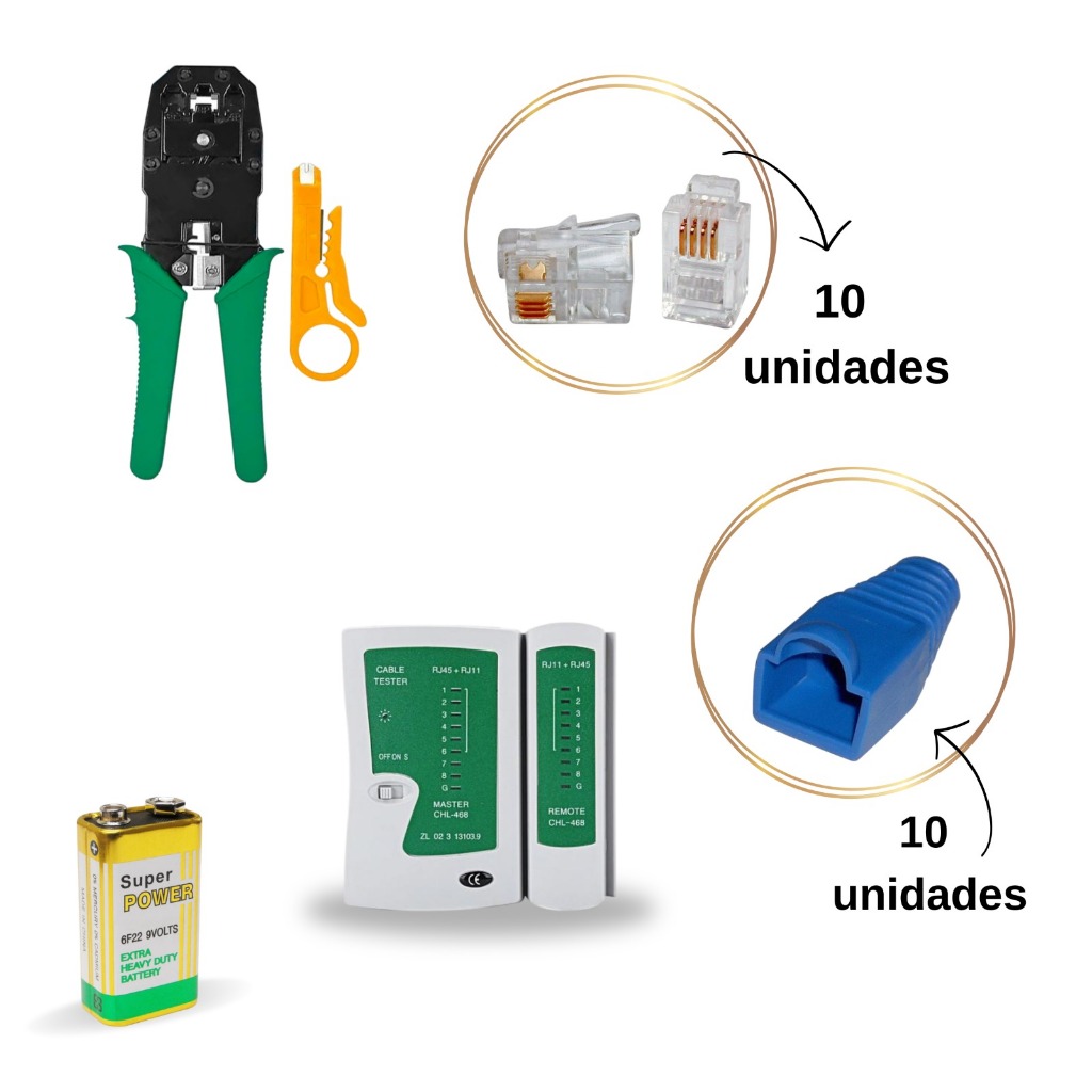 Kit Alicate de Crimpar RJ45 com Teste de Cabo de Rede + 10 Conectores RJ45 + 10 Capas Protetora RJ45