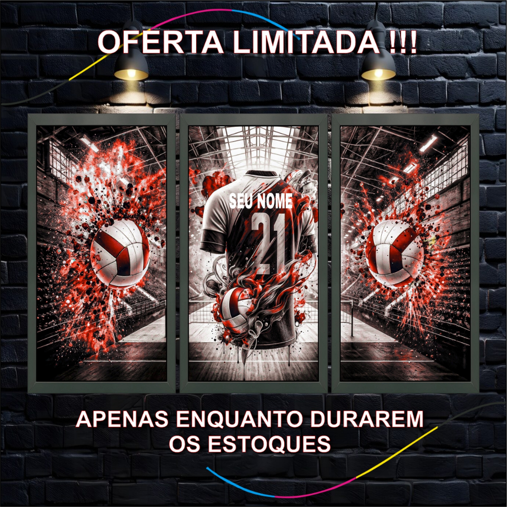 Quadro Triplo de Vôlei Personalizado, Decoração Esportiva, infantil, Quarto, kit, nome, decoração