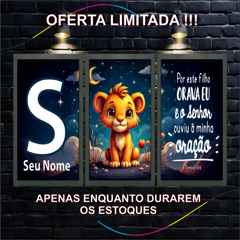 Quadro Decorativo Infantil Leãozinho, 3 Peças, Personalizado com Nome, Versículo Samuel 1:27, Leão