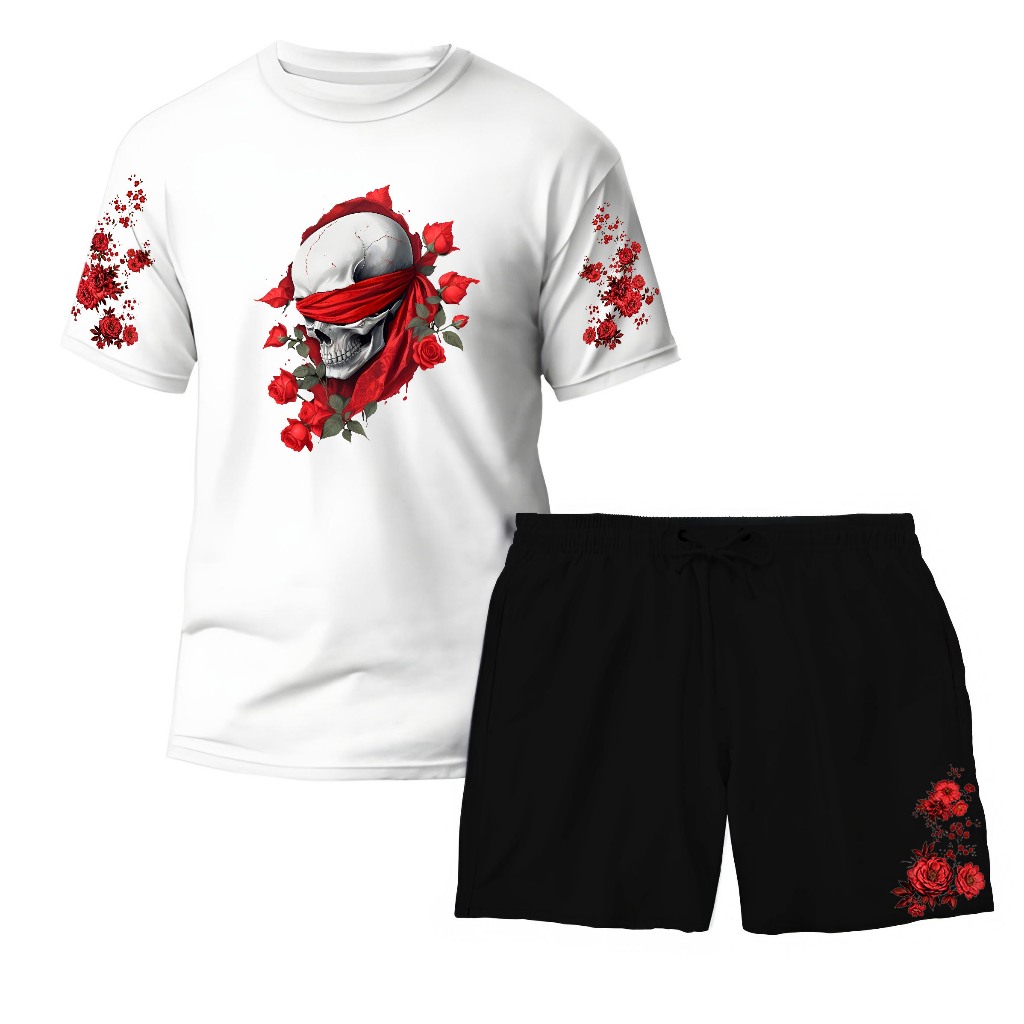 Kit Masculino DIVERSE ESTILOS Skull Flower – Camiseta + Bermuda Ideal para Corrida, Academia, Futebol