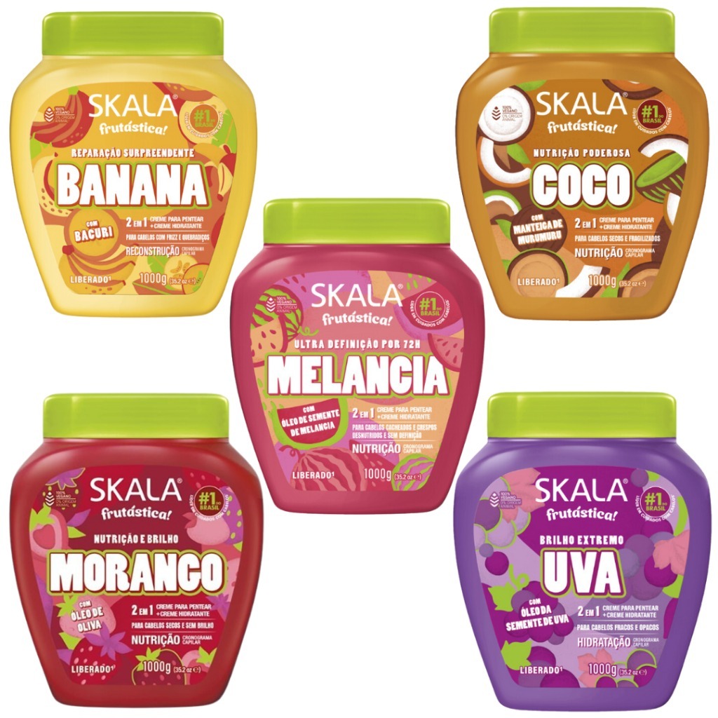 KIT C/5 CREME 2EM1 SKALA 1KG COCO,UVA,BANANA,MORANGO E MELANCIA