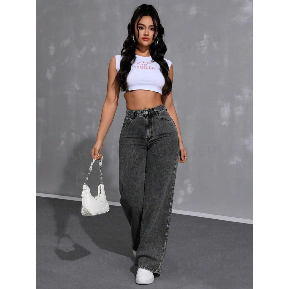 Calça Jeans feminina Wide Leg Marmorizada Cinza Pantalona boca larga Cintura alta premium