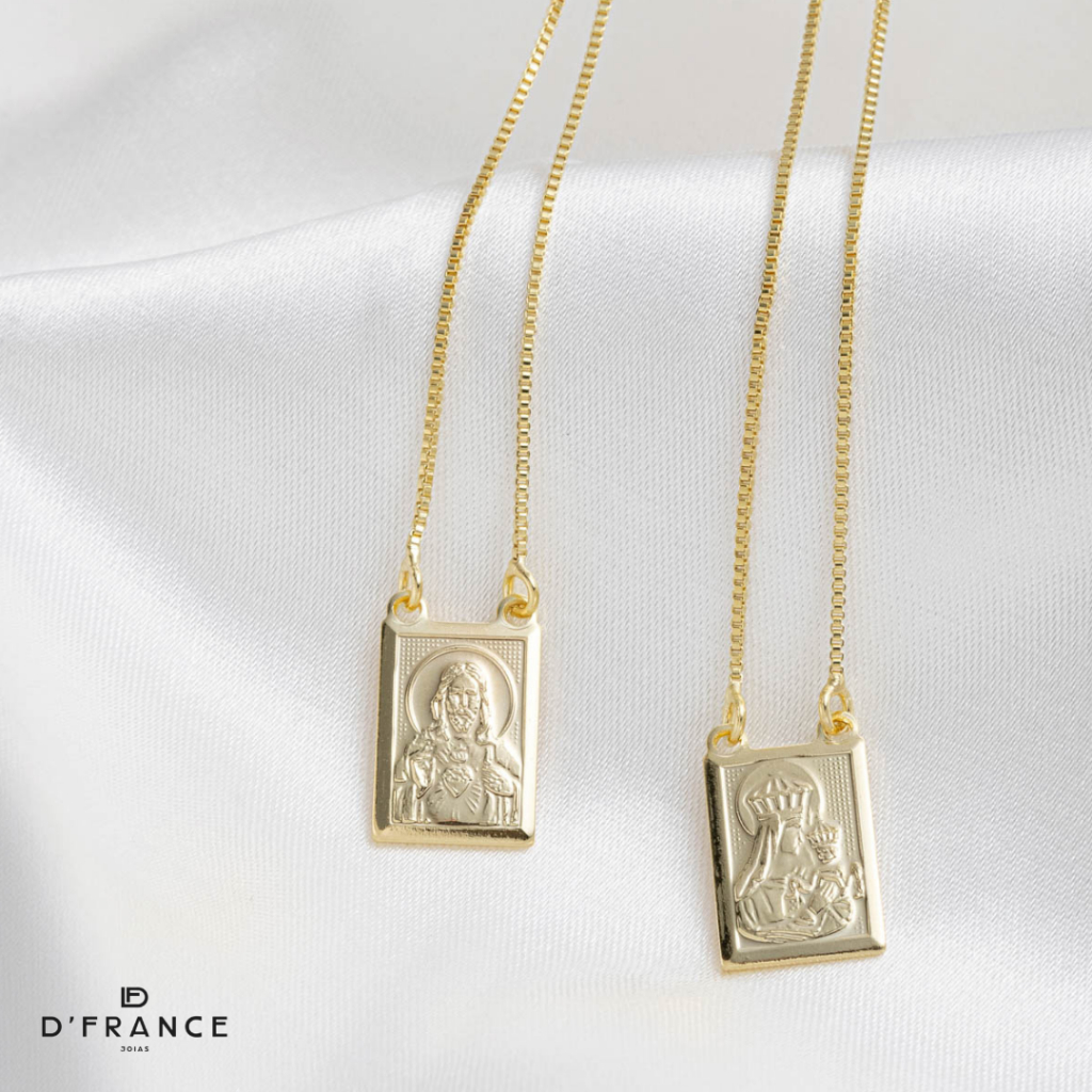 Escapulário Nossa Senhora do Carmo e Sagrado Coração de Jesus, Unissex, Religioso, Semijoia, Ouro 18K