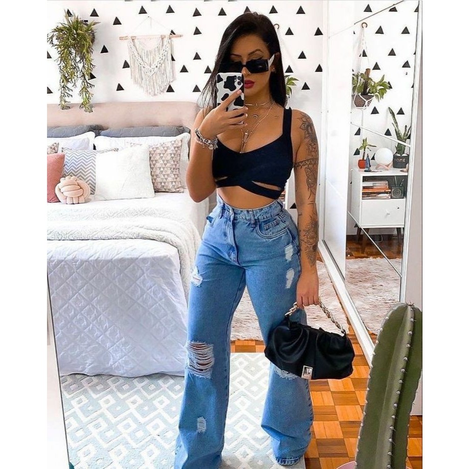 Calça Jeans Wide Leg Clara Rasgada Feminina Perna Larga Pantalona Cintura Alta