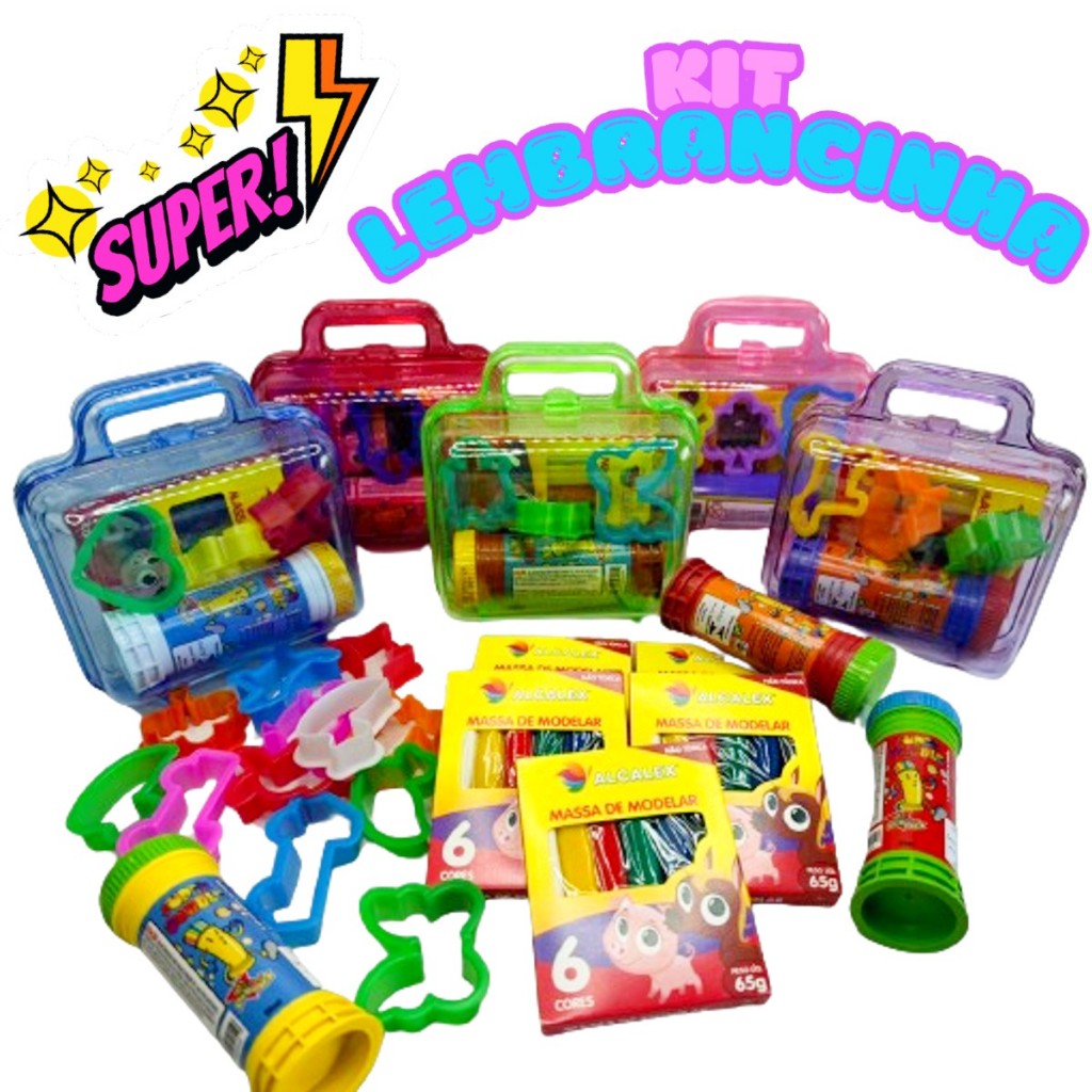Kit 5 Massinha de Modelar + 5 Bolha de Sabão + 10 Cortador  + 5 Maletinha de Acrílico lembrancinha em Oferta na Shopee