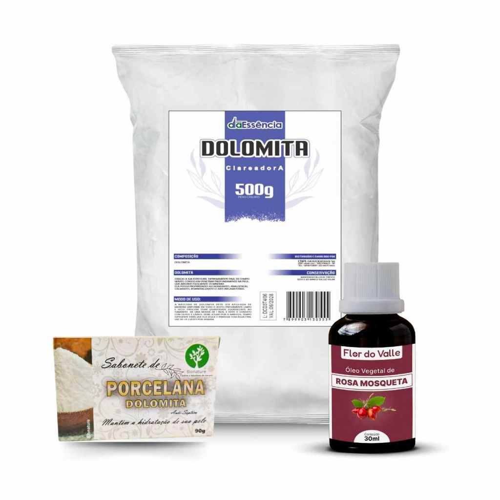 Dolomita Clareadora 500g + Óleo de Rosa Mosqueta Rubiginosa + Sabonete Porcelana Dolomita Daessencia