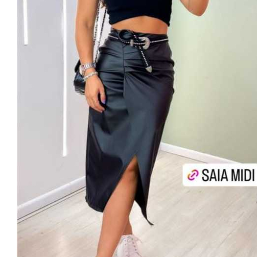 Saia Midi Feminina Couro Fake Transpassada Couro Ecológico lançamento 2025