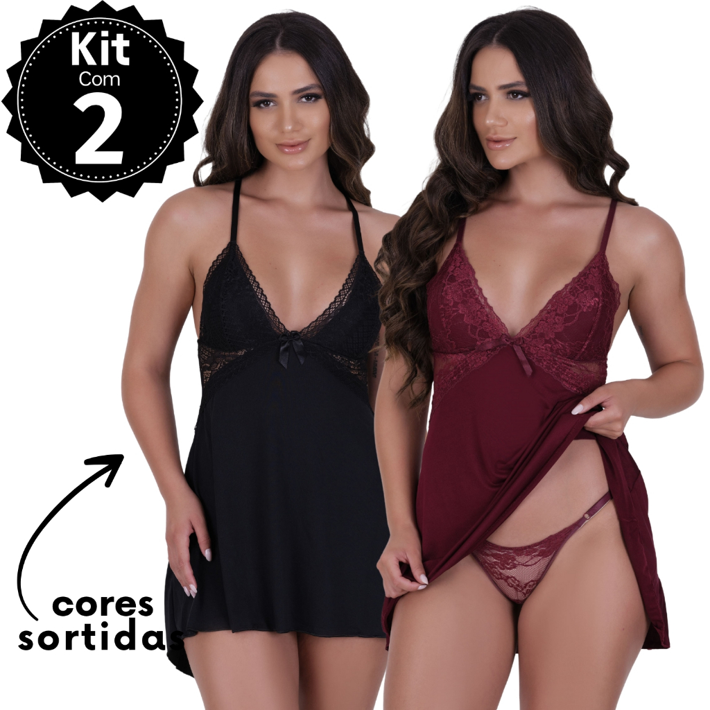 Kit 2 Camisolas Com Calcinha Feminina Sexy de Renda e Microfibra Sensual sem Bojo