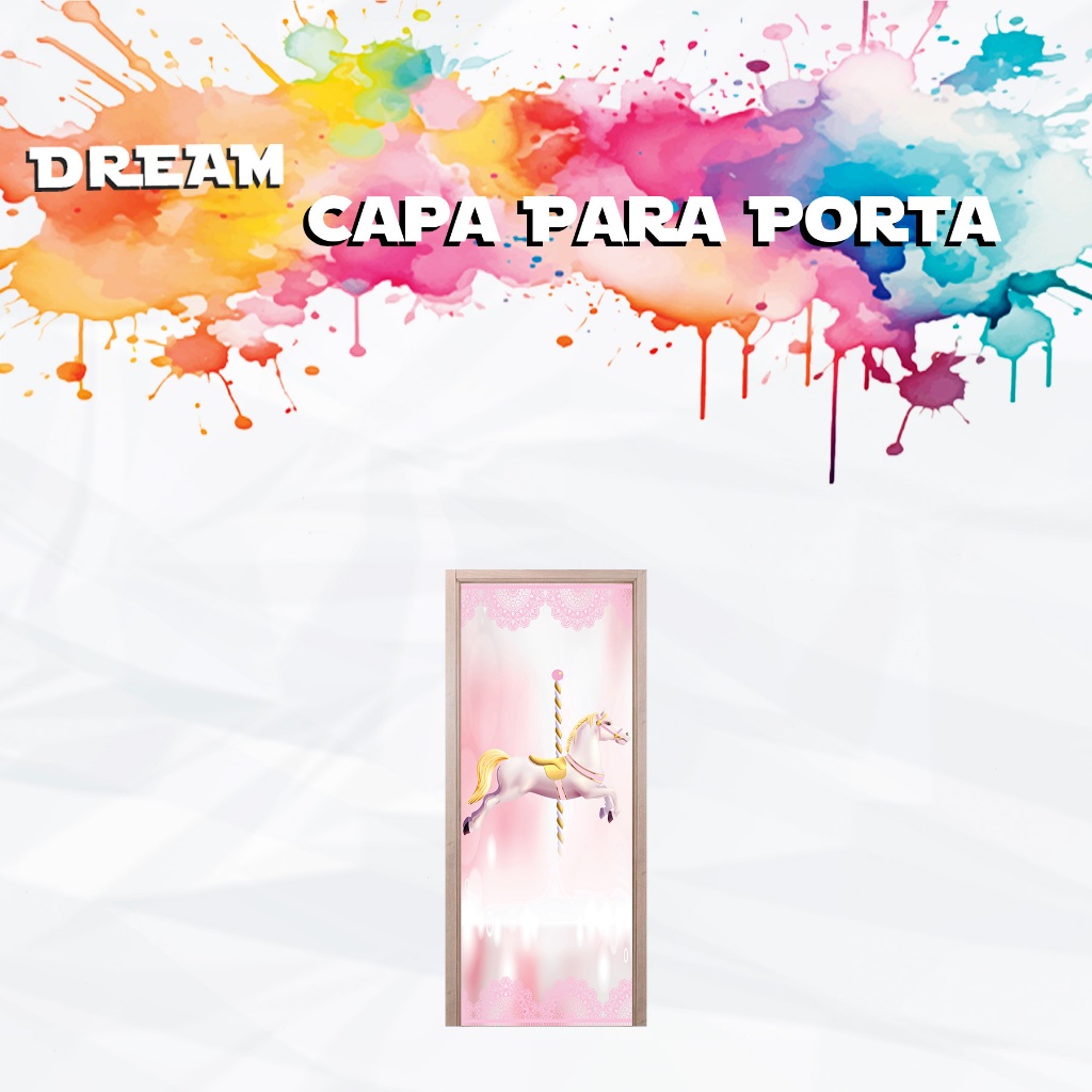 Capa Para Porta Tema Carrossel Rosa Cavalo Dourado Menina Decoração Infantil Tecido Sublimado
