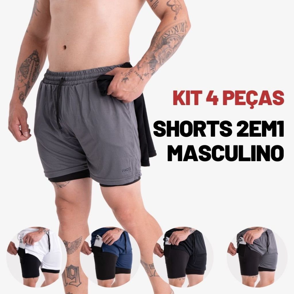 KIT4 Shorts Academia Masculino 2em1 Duplo Com Proteção Uv Bermuda de Compressão Pra Treino Corrida