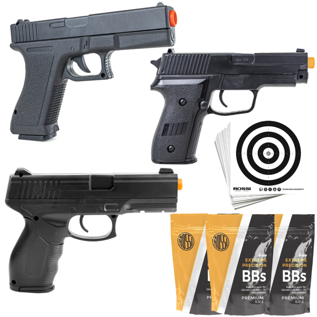 Kit 3 pistolas de Airsoft V307 + V310 + P226 2124 6mm + 3000 BBs Rossi 0,12g + 90 Alvos Rossi em Oferta na Shopee