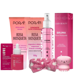 Kit Rosa Mosqueta Skin Care Limpeza Facial cuidados Completo com Sabonete esfoliante serum e bruma