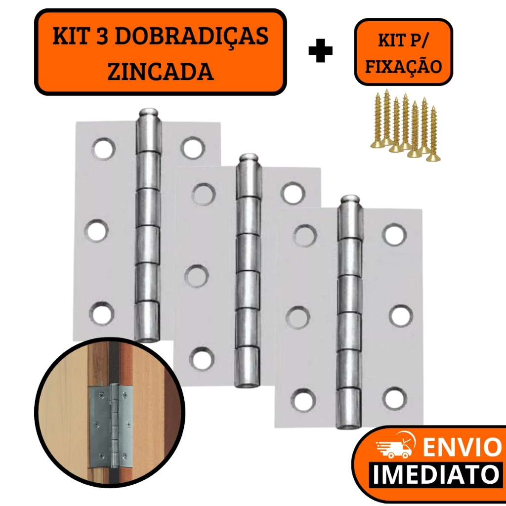 Kit 3 Dobradiça Zincada COM Parafuso Para Porta De Madeira