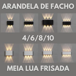Arandela de Parede Luminária Meia Lua Frisada Área Interna Externa 4/6/8/10 Facho Led Branco Quente