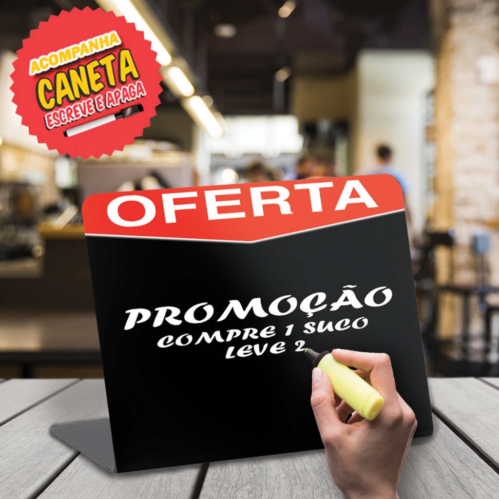 Display de mesa balcão Oferta Comércio Supermercado Acrilico preto impressao uv acompanha caneta giz liquido