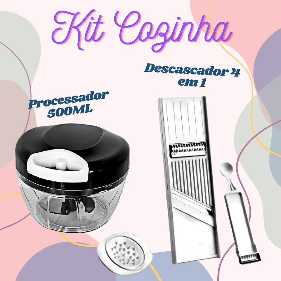 KIT Processador 500ML De 3 Lâminas E Descascador 4 Em 1 Para Sua Cozinha Prático E Útil