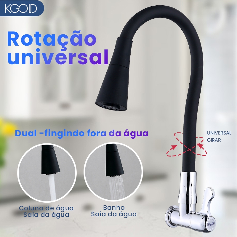 Torneira cozinha parede preta flexível Duplo Jato Cone 1/4 de Volta