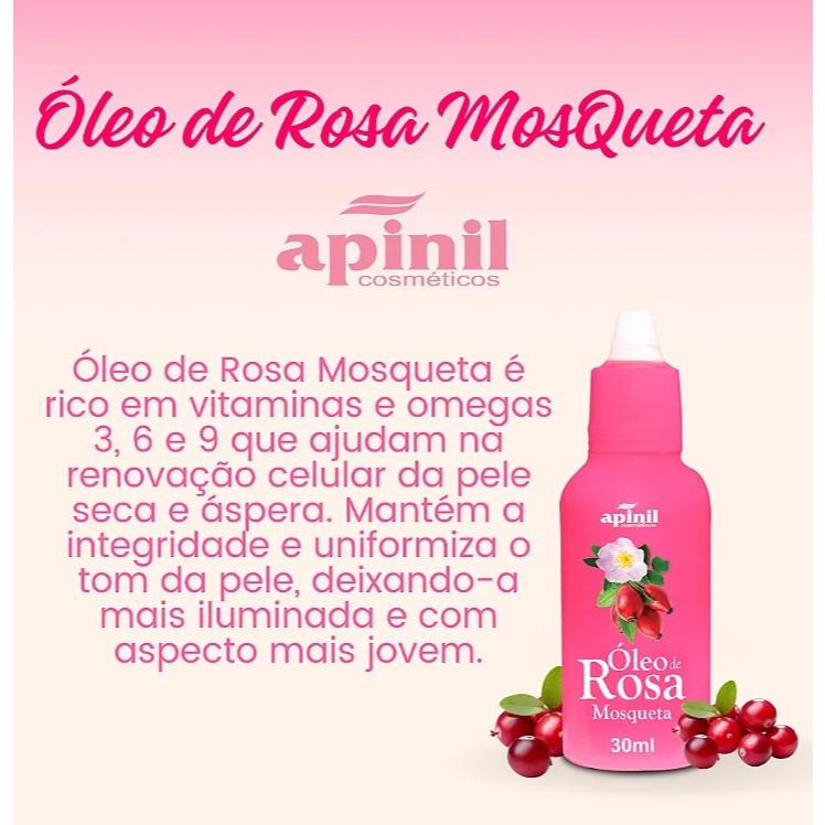 Óleo de Rosa Mosqueta 30ml APINIL - Clareador de Manchas - Rugas - Estrias - Hidratante