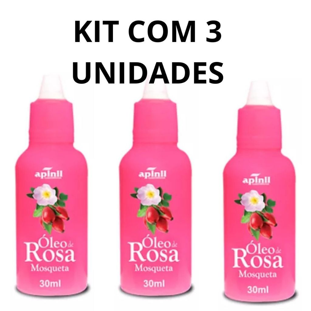 Kit com 3 Óleo de Rosa Mosqueta 30ml APINIL - Clareador de Manchas - Rugas - Estrias - Hidratante
