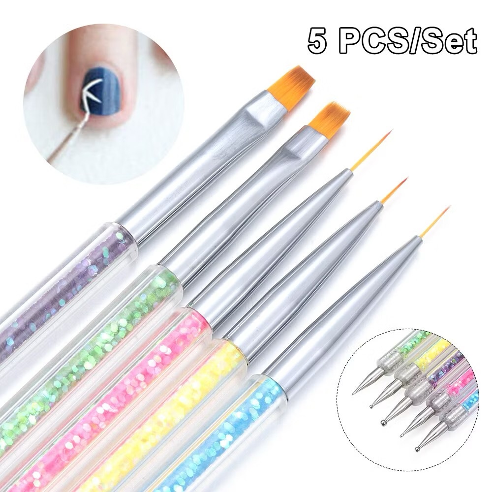 Kit 5 Pincéis e Boleadores Ponta Dupla Decoração de Unhas Nail Art Pontilhismo Manicure Pedicure Arte Sedução