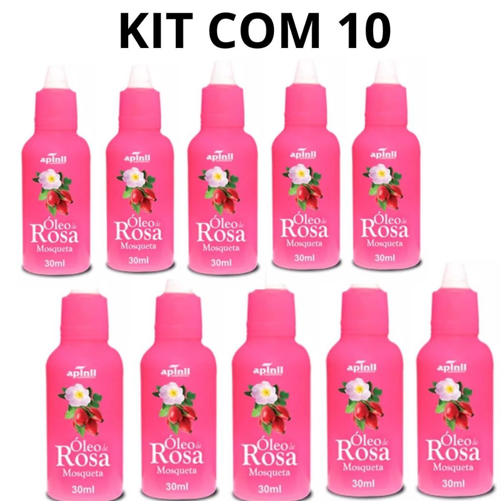 Kit com 10 Óleo de Rosa Mosqueta 30ml APINIL - Clareador de Manchas - Rugas - Estrias - Hidratante