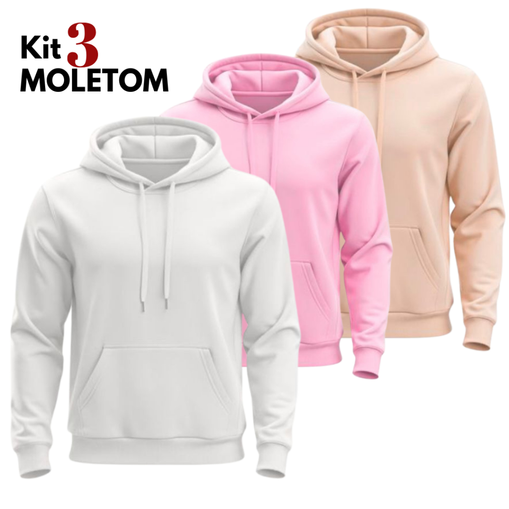 Kit 3 Moletom Liso Unissex Casual Blusa de Frio Flanelado Algodão Masculino Feminino Casaco com Capuz