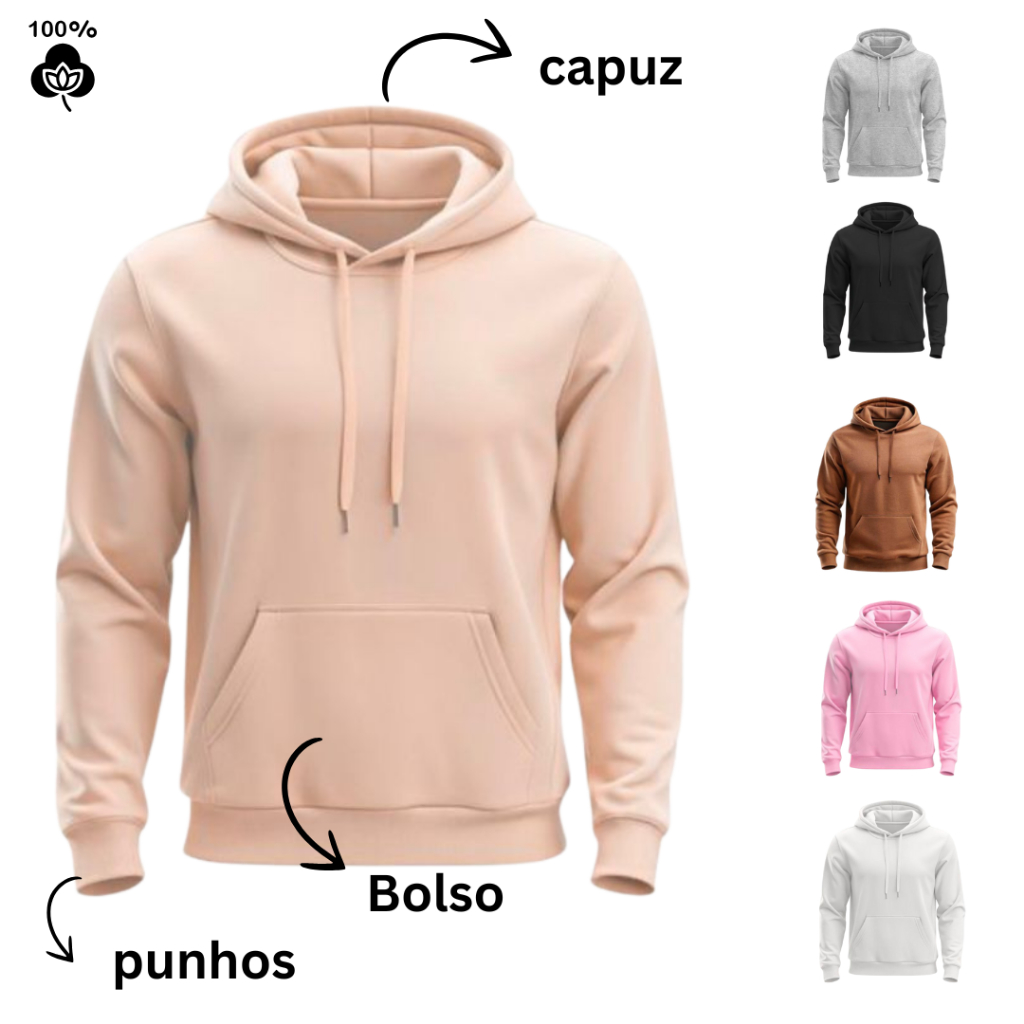 Casaco Unissex Liso Moletom Flanelado Canguru Com Capuz Masculino Feminino Premium