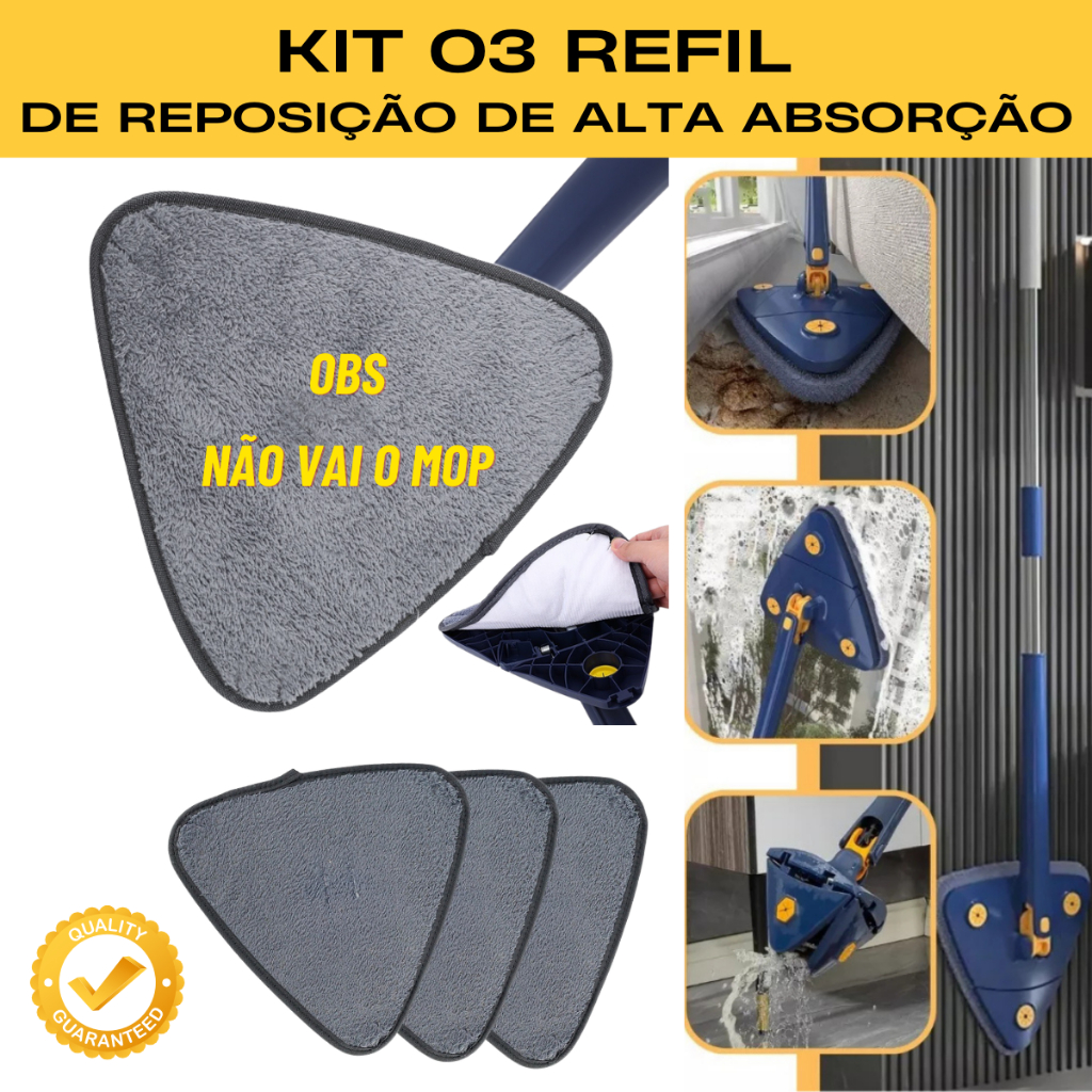 KIT Refil Filtro Mop Limpeza Triangular  Reposição Microfibra Esfregão Chão Janela Teto - 3  REFIL