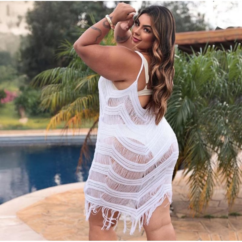 SAÍDA DE PRAIA PLUS SIZE VESTIDO TRICOT PRAIA  FRANJA  PISCINA REGULÁVEL VERAO❤️‍🩹