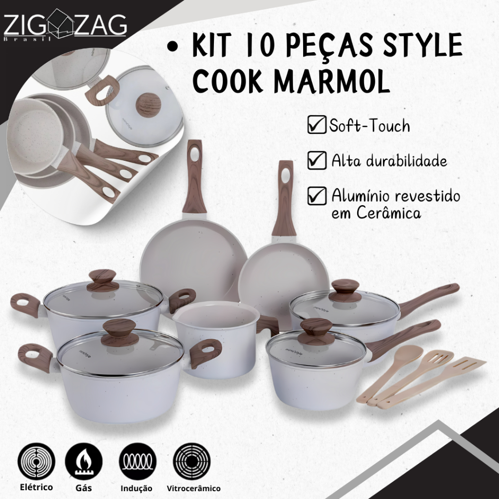 Kit de 10 Peças, Panelas Style Cook Marmol de Cerâmica Antiaderente | Para Fogão a Gás, Indução e Vitrocerâmico em Oferta na Shopee