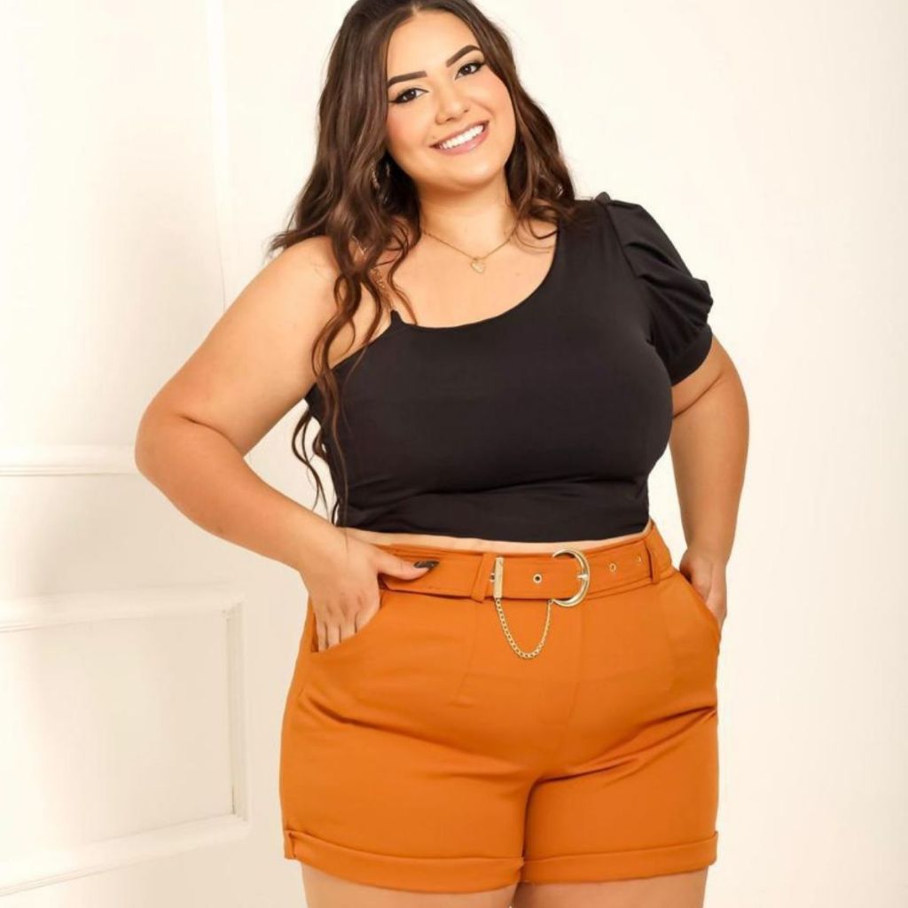 Short Feminino Alfaiataria Social Plus Size Cintura Alta Com Cinto Com Bolso Tendência Promoçao