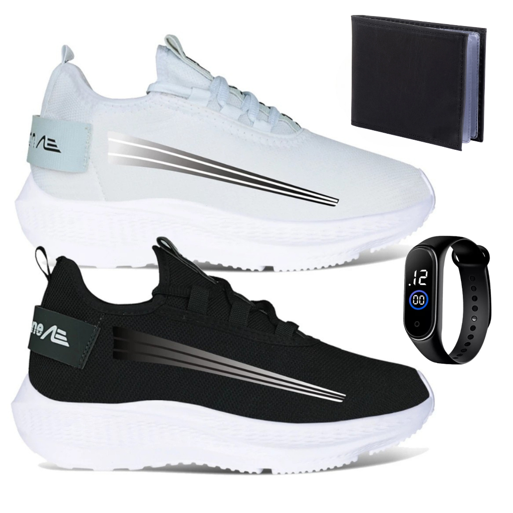 Kit 2 pares Tênis Masculino Leve Confortável Academia + Relógio Digital e Carteira