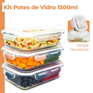 Kit Pote Hermético 1500Ml Vidro Premium 4 Travas Prático Para Mantimentos/Marmitas