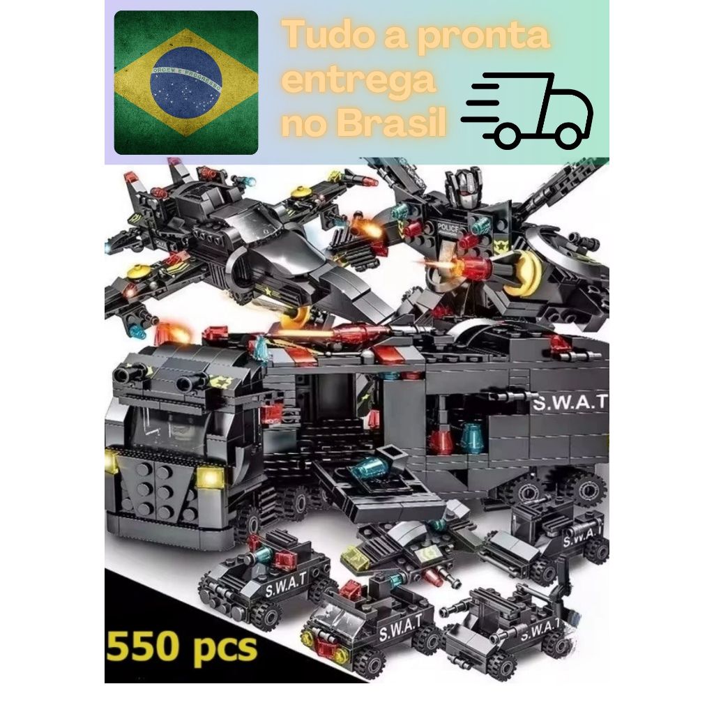 Brinquedo educativo de montar MEGA CAMINHÃO DA POLÍCIA SWAT ou MEGA ROBÔ, MEGA AVIÃO + VEÍCULOS mais de 500 peças brinq
