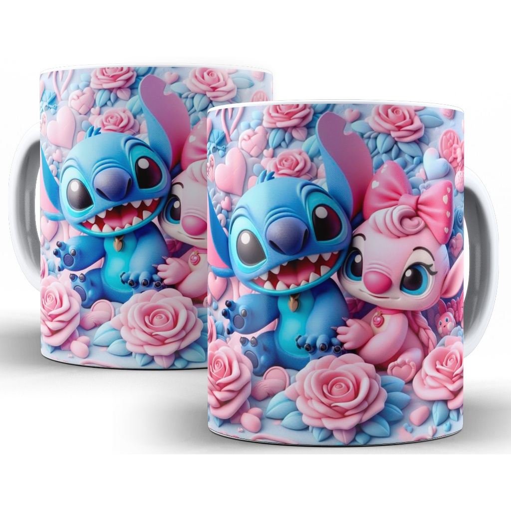 Caneca Xícara Lilo e Stitch Disney Efeito 3D Personalizada Mod 2 Casal Presente - Porcelana 325ml