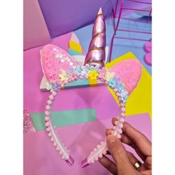 Tiara Infantil Unicórnio Orelha Laço Brilho Cores Candy Paete / Cabelo Maluco