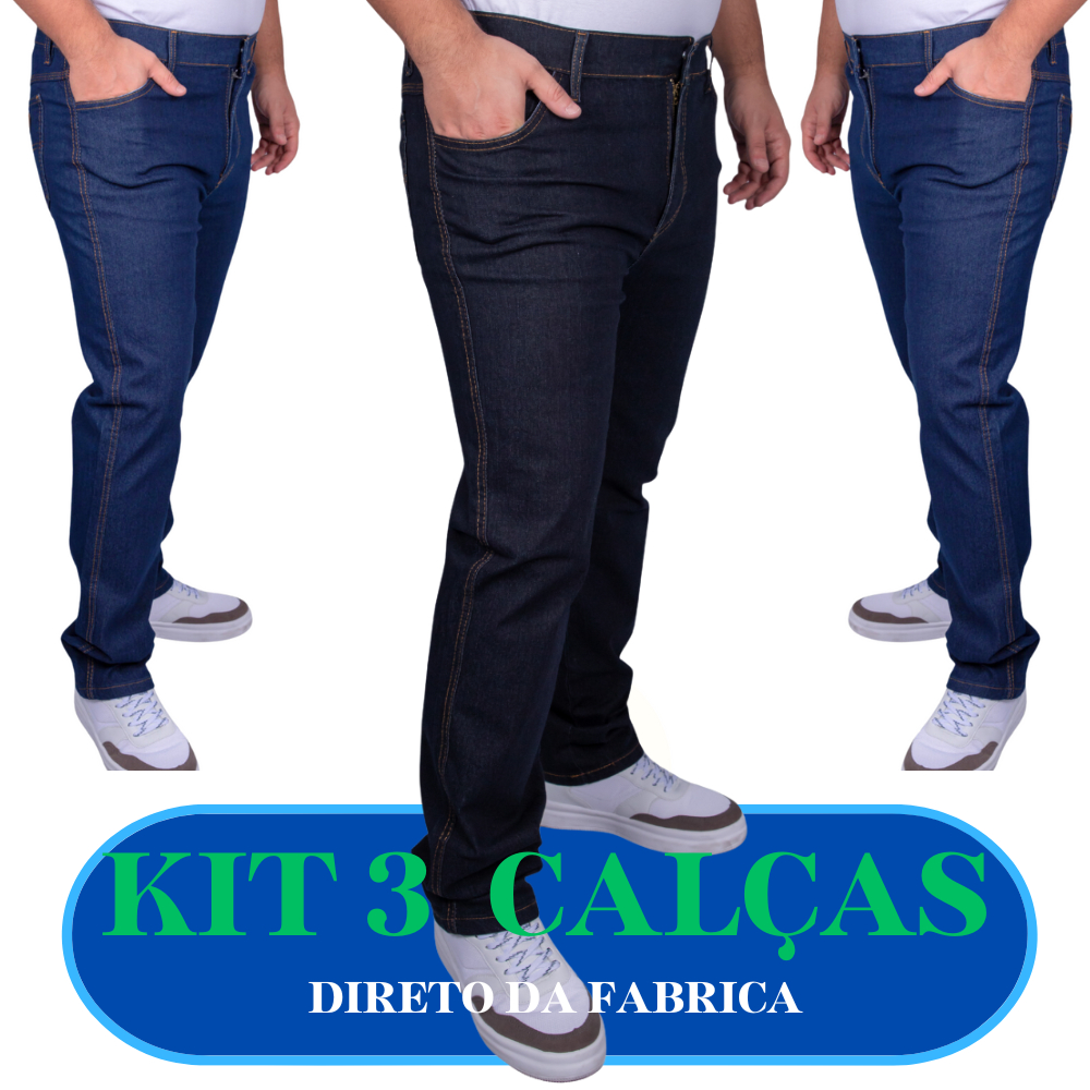 Calça Jeans Masculina Kit 3 Calças Lycra Preta e Azul Escuro Envio Imediato