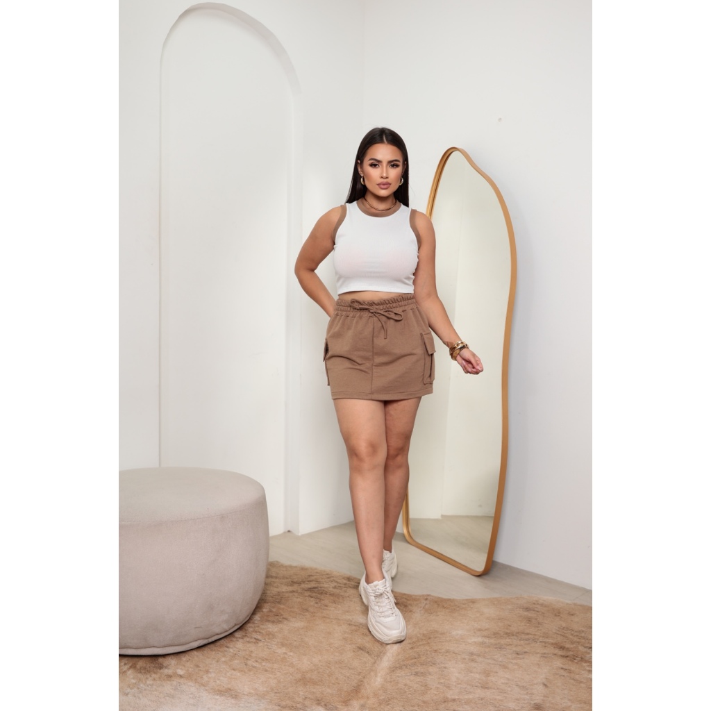 CONJUNTO FEMININO SAIA CARGO MOLETINHO + CROPED RIBANA BICOLOR TENDENCIA VERAO 2025