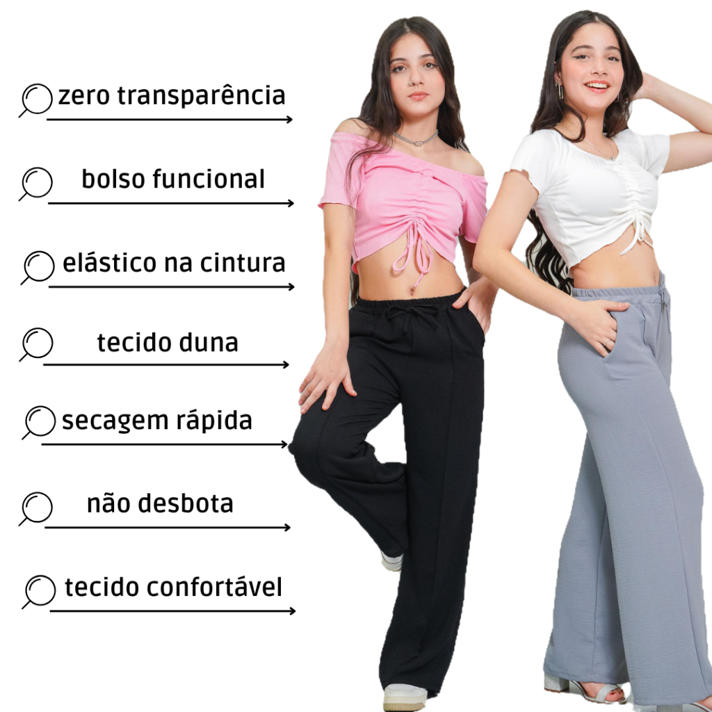 Detalhes do kit 2 calça feminina juvenil duna wide leg ou pantalona zero transparência