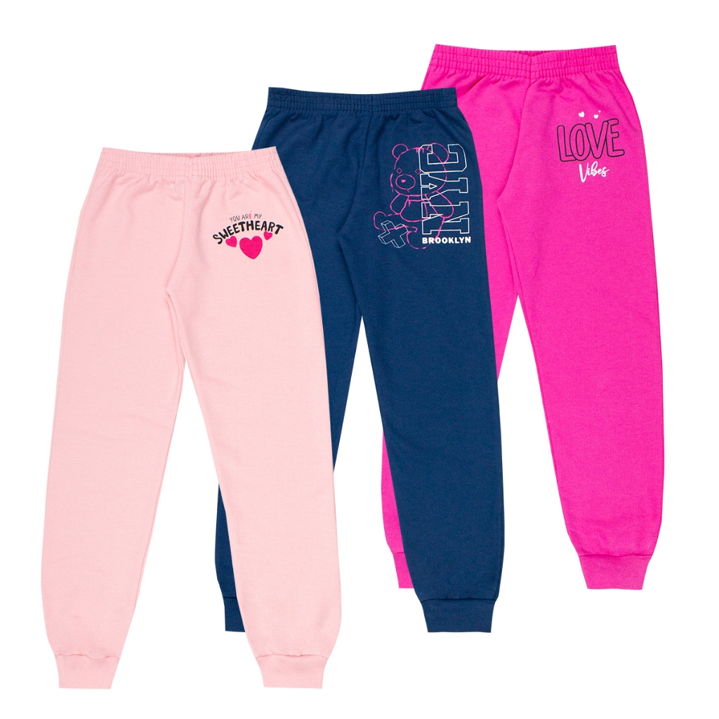 Kit 3 Calças de Moletom Infantil Menina Atacado Estampada Roupa Inverno