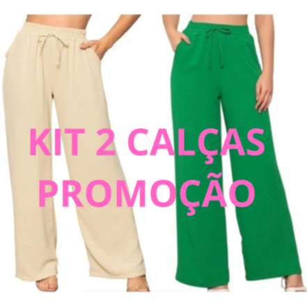 Kit 2 Calça Pantalona Com Bolso Feminina Tecido Duna elástico na cintura calça flare folgadinha